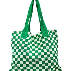 Stizimn Crochet Tote Bag for Women Shoulder Bag Handbags Knitting Hobo Bag Aesthetic Handmade Weaving Large Capacity (Checkerboard Pattern Green)