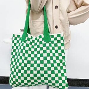 Stizimn Crochet Tote Bag for Women Shoulder Bag Handbags Knitting Hobo Bag Aesthetic Handmade Weaving Large Capacity (Checkerboard Pattern Green)