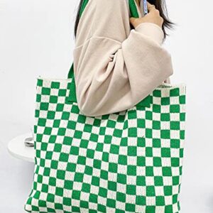 Stizimn Crochet Tote Bag for Women Shoulder Bag Handbags Knitting Hobo Bag Aesthetic Handmade Weaving Large Capacity (Checkerboard Pattern Green)