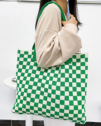 Stizimn Crochet Tote Bag for Women Shoulder Bag Handbags Knitting Hobo Bag Aesthetic Handmade Weaving Large Capacity (Checkerboard Pattern Green)