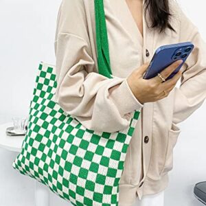 Stizimn Crochet Tote Bag for Women Shoulder Bag Handbags Knitting Hobo Bag Aesthetic Handmade Weaving Large Capacity (Checkerboard Pattern Green)