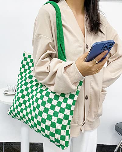 Stizimn Crochet Tote Bag for Women Shoulder Bag Handbags Knitting Hobo Bag Aesthetic Handmade Weaving Large Capacity (Checkerboard Pattern Green)