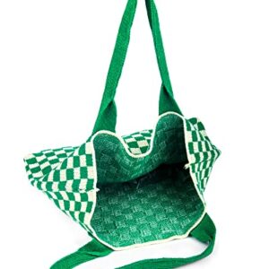 Stizimn Crochet Tote Bag for Women Shoulder Bag Handbags Knitting Hobo Bag Aesthetic Handmade Weaving Large Capacity (Checkerboard Pattern Green)