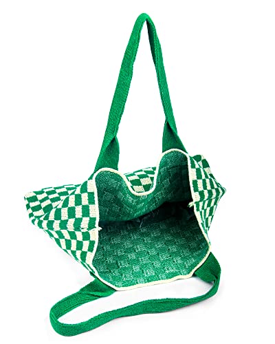 Stizimn Crochet Tote Bag for Women Shoulder Bag Handbags Knitting Hobo Bag Aesthetic Handmade Weaving Large Capacity (Checkerboard Pattern Green)