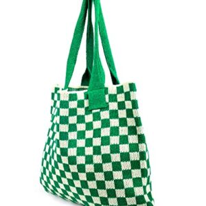 Stizimn Crochet Tote Bag for Women Shoulder Bag Handbags Knitting Hobo Bag Aesthetic Handmade Weaving Large Capacity (Checkerboard Pattern Green)