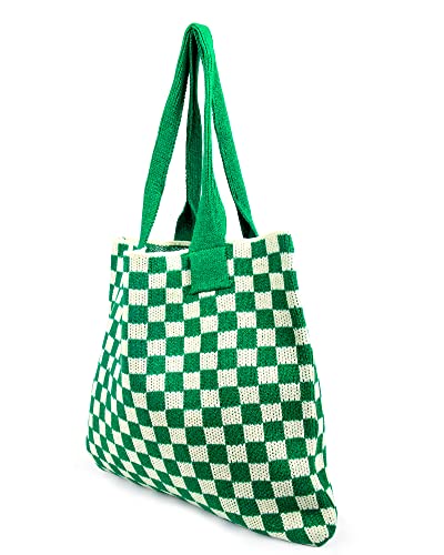 Stizimn Crochet Tote Bag for Women Shoulder Bag Handbags Knitting Hobo Bag Aesthetic Handmade Weaving Large Capacity (Checkerboard Pattern Green)