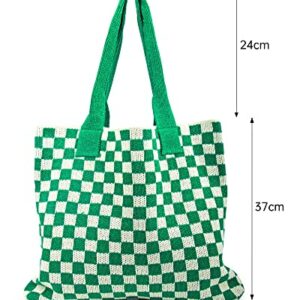 Stizimn Crochet Tote Bag for Women Shoulder Bag Handbags Knitting Hobo Bag Aesthetic Handmade Weaving Large Capacity (Checkerboard Pattern Green)