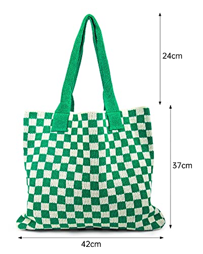 Stizimn Crochet Tote Bag for Women Shoulder Bag Handbags Knitting Hobo Bag Aesthetic Handmade Weaving Large Capacity (Checkerboard Pattern Green)