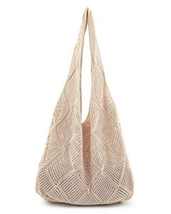 stizimn crochet tote bag for women shoulder bag handbags knitting hollow hobo bag aesthetic handmade weaving large capacity (diamond-shaped hollow beige)