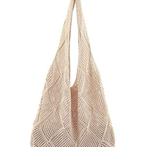 Stizimn Crochet Tote Bag for Women Shoulder Bag Handbags Knitting Hollow Hobo Bag Aesthetic Handmade Weaving Large Capacity (Diamond-shaped Hollow Beige)