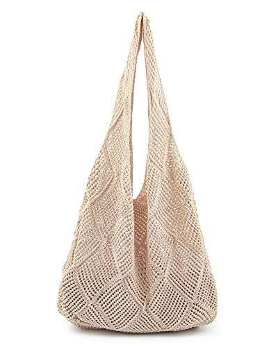 Stizimn Crochet Tote Bag for Women Shoulder Bag Handbags Knitting Hollow Hobo Bag Aesthetic Handmade Weaving Large Capacity (Diamond-shaped Hollow Beige)