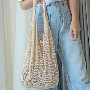 Stizimn Crochet Tote Bag for Women Shoulder Bag Handbags Knitting Hollow Hobo Bag Aesthetic Handmade Weaving Large Capacity (Diamond-shaped Hollow Beige)