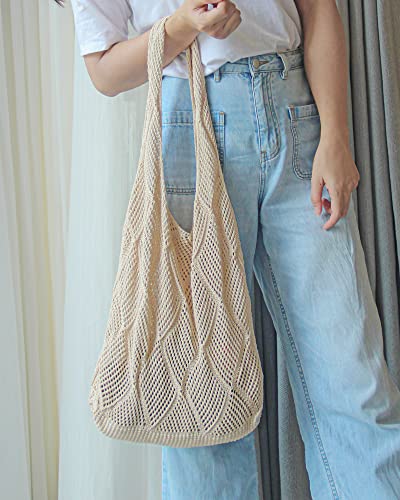 Stizimn Crochet Tote Bag for Women Shoulder Bag Handbags Knitting Hollow Hobo Bag Aesthetic Handmade Weaving Large Capacity (Diamond-shaped Hollow Beige)