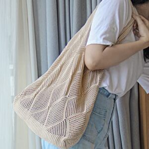 Stizimn Crochet Tote Bag for Women Shoulder Bag Handbags Knitting Hollow Hobo Bag Aesthetic Handmade Weaving Large Capacity (Diamond-shaped Hollow Beige)