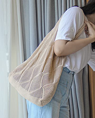 Stizimn Crochet Tote Bag for Women Shoulder Bag Handbags Knitting Hollow Hobo Bag Aesthetic Handmade Weaving Large Capacity (Diamond-shaped Hollow Beige)