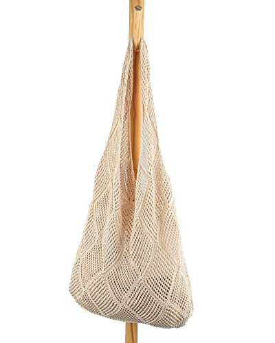 Stizimn Crochet Tote Bag for Women Shoulder Bag Handbags Knitting Hollow Hobo Bag Aesthetic Handmade Weaving Large Capacity (Diamond-shaped Hollow Beige)