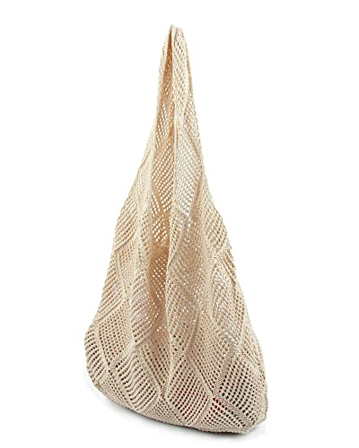 Stizimn Crochet Tote Bag for Women Shoulder Bag Handbags Knitting Hollow Hobo Bag Aesthetic Handmade Weaving Large Capacity (Diamond-shaped Hollow Beige)