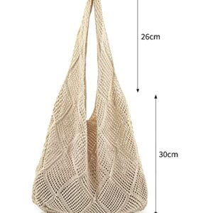 Stizimn Crochet Tote Bag for Women Shoulder Bag Handbags Knitting Hollow Hobo Bag Aesthetic Handmade Weaving Large Capacity (Diamond-shaped Hollow Beige)