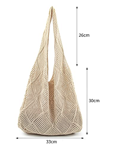 Stizimn Crochet Tote Bag for Women Shoulder Bag Handbags Knitting Hollow Hobo Bag Aesthetic Handmade Weaving Large Capacity (Diamond-shaped Hollow Beige)