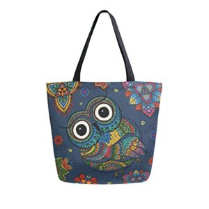 Women Top Bag Handle Handbags Shoulder Bag Tribal Ethnic Owl Boho Floral Tote Washed Canvas Purses Bag(227cr4a)