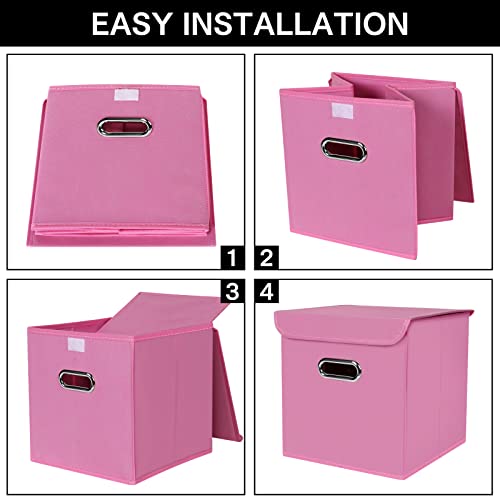 NieEnjoy Closet Organizers Fabric Storage Cube Bins with Lids collapsible storage bins basket with Handles ,Storage Boxes for Organizing,3 Pack (Pink)