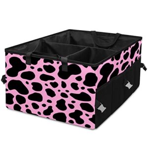 Car Trunk Organizer Pink And Black Cow Print Spot Car Back Seat Large Storage Organizer with 3 Divider Compartments Collapsible Trunk Cargo Organizer Groceries Tote for SUV Truck Camping Picnic