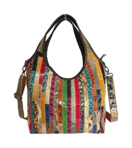 womens large multicolor genuine leather shoulder bag vintage stripes splicing hobo satchels tote handbag crossbody purse (multicolor)