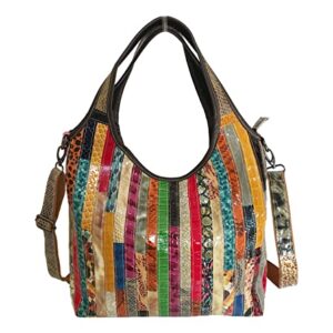 Womens Large Multicolor Genuine Leather Shoulder Bag Vintage Stripes Splicing Hobo Satchels Tote Handbag Crossbody Purse (Multicolor)