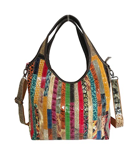 Womens Large Multicolor Genuine Leather Shoulder Bag Vintage Stripes Splicing Hobo Satchels Tote Handbag Crossbody Purse (Multicolor)