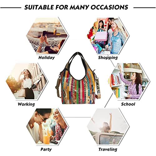 Womens Large Multicolor Genuine Leather Shoulder Bag Vintage Stripes Splicing Hobo Satchels Tote Handbag Crossbody Purse (Multicolor)