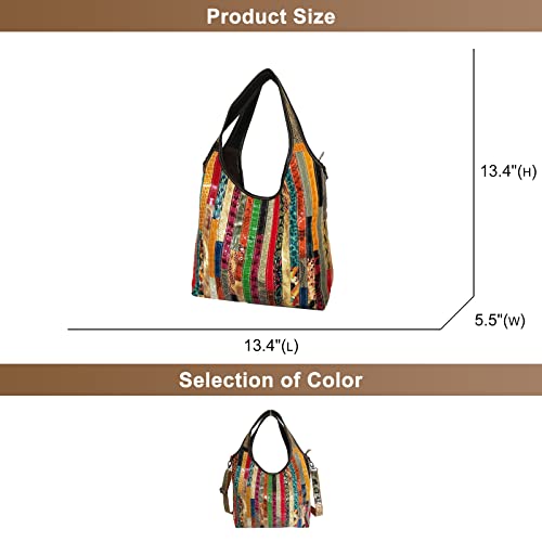 Womens Large Multicolor Genuine Leather Shoulder Bag Vintage Stripes Splicing Hobo Satchels Tote Handbag Crossbody Purse (Multicolor)