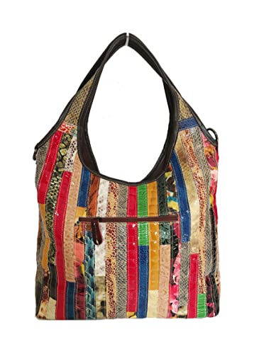 Womens Large Multicolor Genuine Leather Shoulder Bag Vintage Stripes Splicing Hobo Satchels Tote Handbag Crossbody Purse (Multicolor)