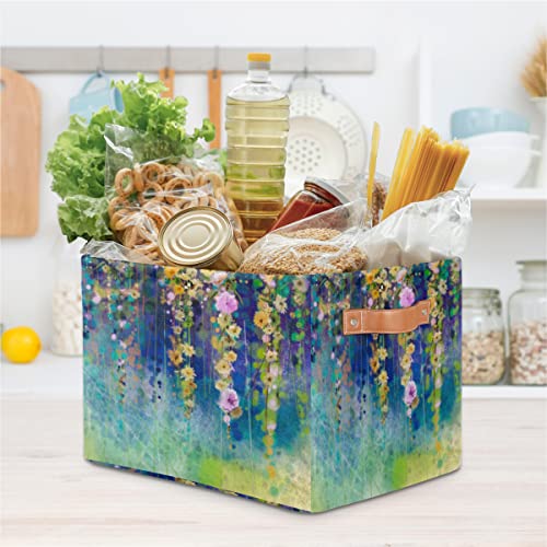 2Pack Large Collapsible Storage Bins,Art Painting Flower Floral Decorative Canvas Fabric Storage Boxes Organizer with Handles，Rectangular Baskets Bin for Home Shelves Closet Nursery Gifts