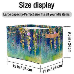 2Pack Large Collapsible Storage Bins,Art Painting Flower Floral Decorative Canvas Fabric Storage Boxes Organizer with Handles，Rectangular Baskets Bin for Home Shelves Closet Nursery Gifts