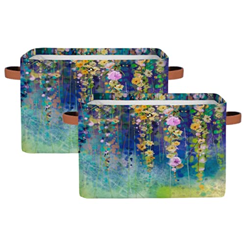 2Pack Large Collapsible Storage Bins,Art Painting Flower Floral Decorative Canvas Fabric Storage Boxes Organizer with Handles，Rectangular Baskets Bin for Home Shelves Closet Nursery Gifts