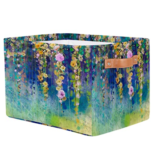 2Pack Large Collapsible Storage Bins,Art Painting Flower Floral Decorative Canvas Fabric Storage Boxes Organizer with Handles，Rectangular Baskets Bin for Home Shelves Closet Nursery Gifts