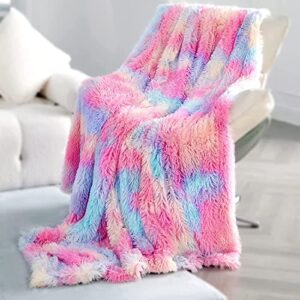 super soft faux fur throw blanket, reversible lightweight rainbow blanket 51″ x 62″, fluffy plush shaggy blanket, colorful decoration for couch sofa chair, rainbow color