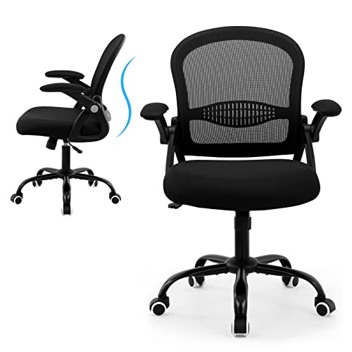 Office Chair,Ergonomic Home Office Chair,Breathable Mesh Task Chair,Adjustable Mid-Back Computer Chair,Desk Chair with Flip-up Armrests,360° Swivel Office Chairs with Memory Sponge Cushion,Black