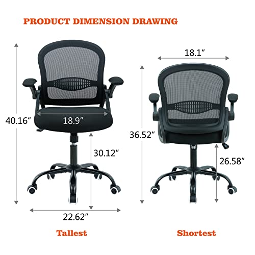 Office Chair,Ergonomic Home Office Chair,Breathable Mesh Task Chair,Adjustable Mid-Back Computer Chair,Desk Chair with Flip-up Armrests,360° Swivel Office Chairs with Memory Sponge Cushion,Black