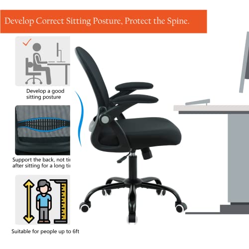 Office Chair,Ergonomic Home Office Chair,Breathable Mesh Task Chair,Adjustable Mid-Back Computer Chair,Desk Chair with Flip-up Armrests,360° Swivel Office Chairs with Memory Sponge Cushion,Black