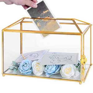 ripprovt glass wedding card box with lock, 12.6×5.9×9 inches large gold card boxes for wedding reception, keepsake display, graduation, party centerpiece decorative box