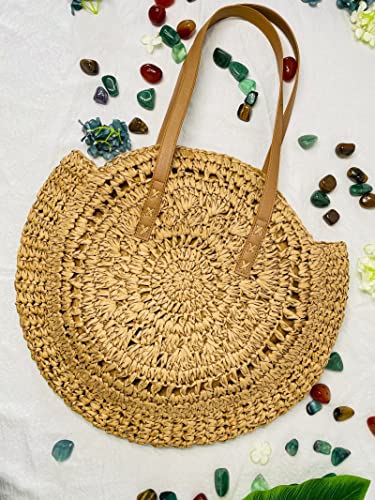 Seamido Straw Bag Handwoven Beach Bags Corn Straw Tote Woven Shoulder Bag For Women (Khaki, Pattern)