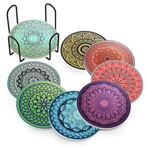 mandala drink coasters with holder – 8 set ceramic boho coasters for drinks absorbent with cork base and black holder – coasters for coffee table apartment wooden bar mug glasses cup beer