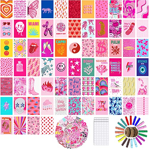 Preppy Aesthetic Pictures Wall Collage Kit - 70 set 4x6 Inch - Trendy Pink Photo Collage Kit for Preppy Room Decor - Cute Small Posters for Dorm Bedroom - Preppy Things for Teen Girls -Trendy Room Decor Preppy Stickers