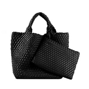 cjstore women leather hand-woven tote handbag fashion shoulder top-handle bag large capacity underarm bag with purse black