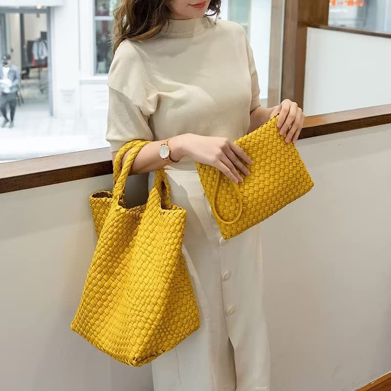 CJSTORE Women Leather Hand-Woven Tote Handbag Fashion Shoulder Top-handle Bag Large Capacity Underarm Bag with Purse Black