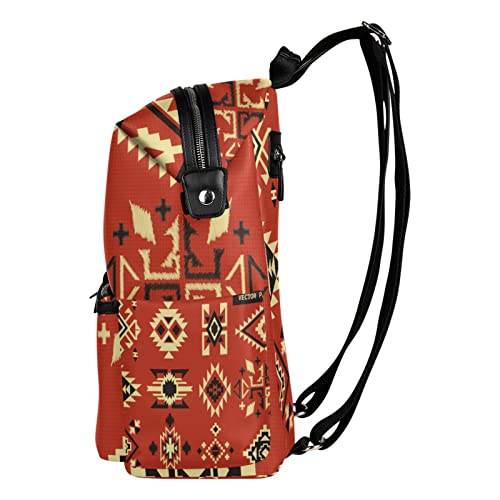 Native American Tribal Ethnic Elements Vector Pattern on Red Board Women Daypacks Ladies Backpack Purse Casual Shoulder Bag Knapsack College Schoolbag Sitting Rucksack Students Bookbag