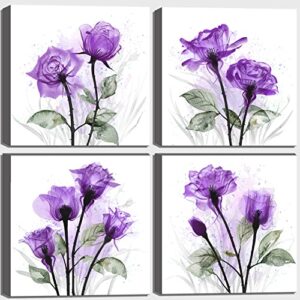 flower wall art for bathroom bedroom kitchen decor rustic roses purple floral canvas art for home farmhouse decoration rustic watercolor floral pictures framed canvas art print 4 pieces ready to hang