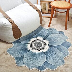 Flower Shaped Rug Round Carpet Trendy Bedroom Rug Non Slip Rug Cute Cozy Bath Mat for Indoor Bedroom Living Room Bathroom Kitchen Floor Mat, Diameter 39.4” Blue