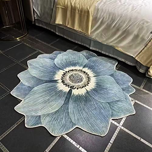 Flower Shaped Rug Round Carpet Trendy Bedroom Rug Non Slip Rug Cute Cozy Bath Mat for Indoor Bedroom Living Room Bathroom Kitchen Floor Mat, Diameter 39.4” Blue